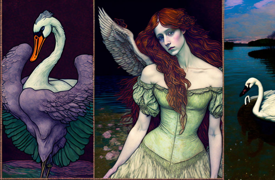 Stylized swan, red-haired woman, and dark water scene in triptych.