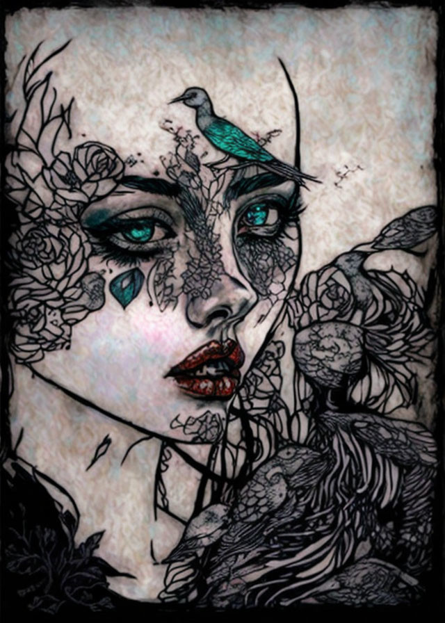 Detailed Gothic Style Woman's Face Illustration with Floral and Bird Designs