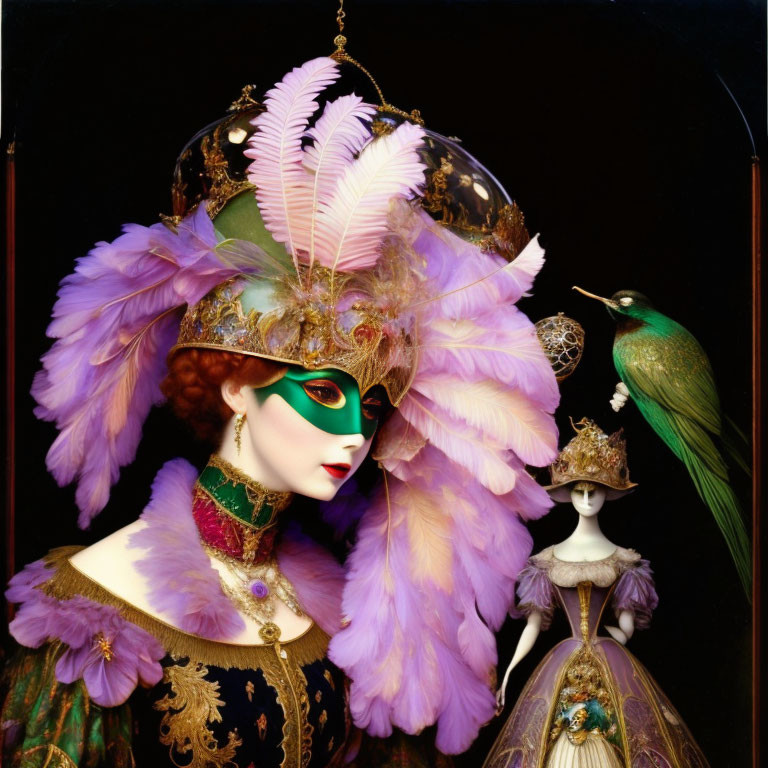 Elaborate Venetian mask and costume with peacock and mannequin in matching attire