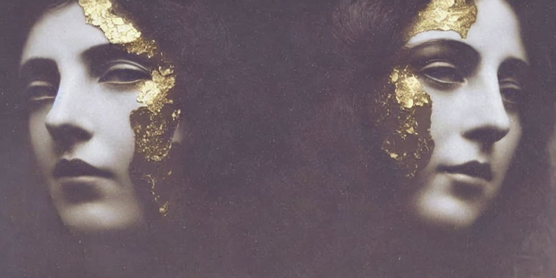 Symmetric pair of female faces with gold leaf accents