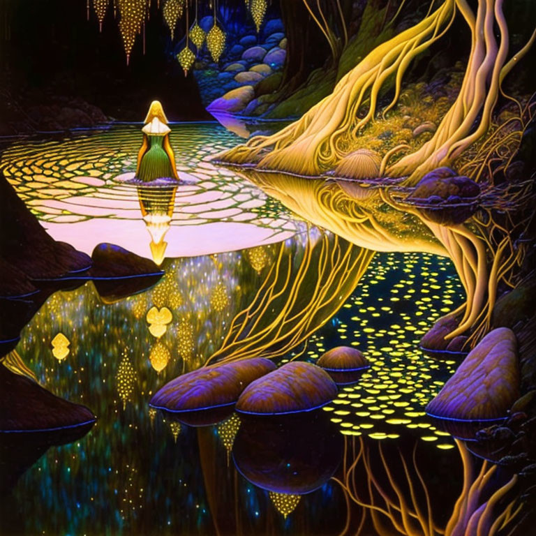 Cloaked Figure on Lily Pad in Glowing Fantasy Forest