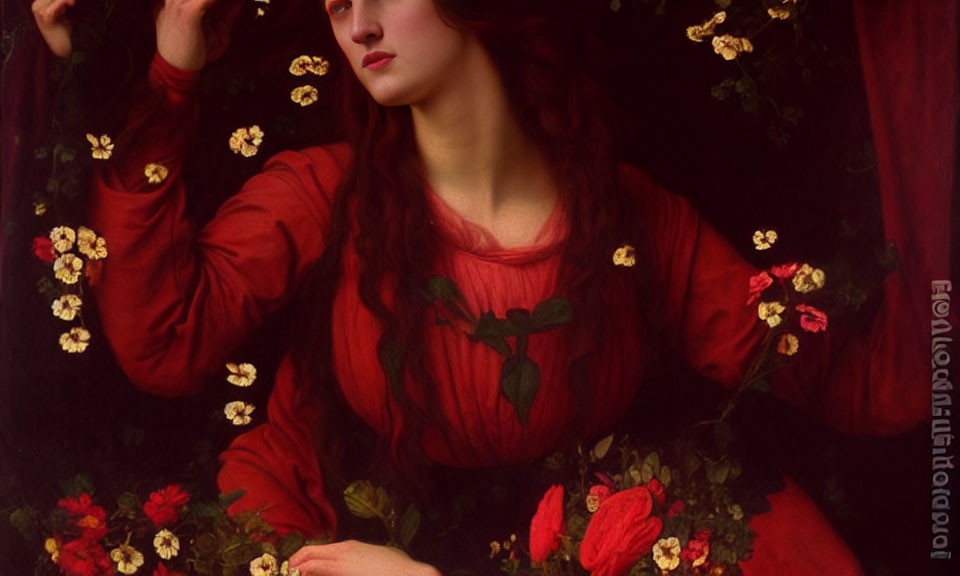 Red-haired woman in red dress among dark foliage and roses, Pre-Raphaelite style