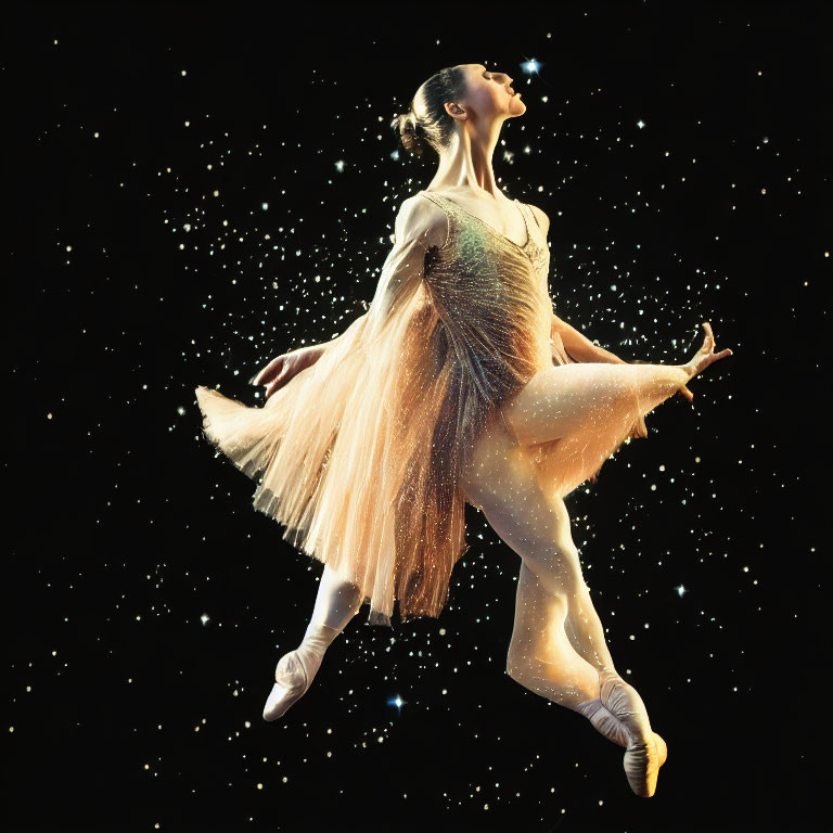 Ballet dancer in glittering costume mid-twirl on starry background