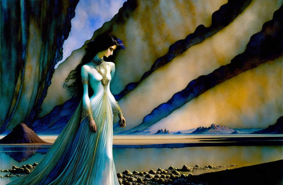 Woman in elegant blue gown against surreal backdrop with flowing curtains.