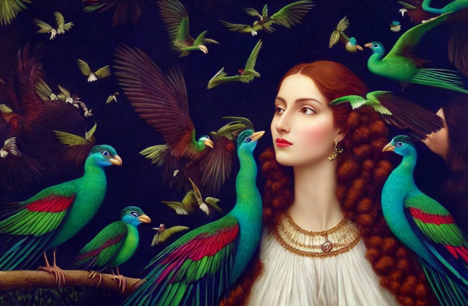 Red-haired woman surrounded by green peacocks and white birds on dark background