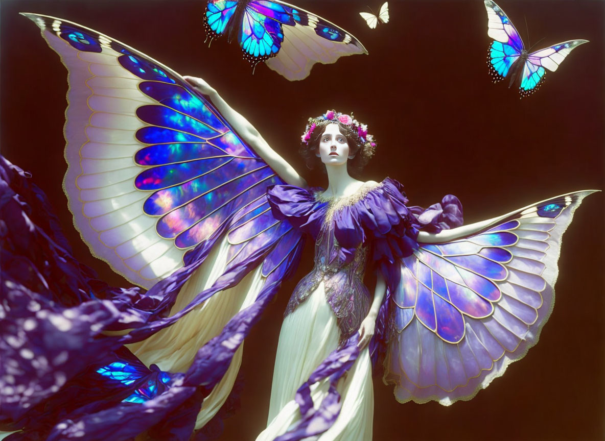 Woman with vibrant butterfly wings surrounded by flying butterflies on a dark backdrop