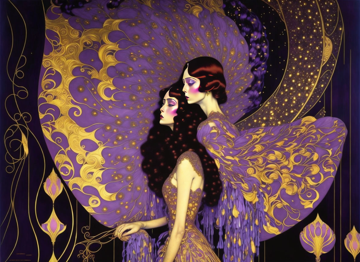 Stylized women with golden wings and dresses on purple backdrop