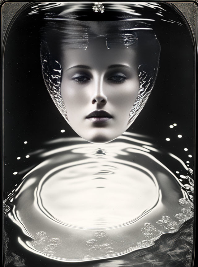 Surreal black and white image of woman's face over rippling water