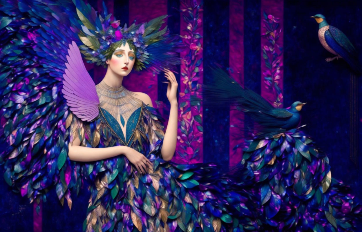 Woman in peacock attire with plumage in fantastical setting.