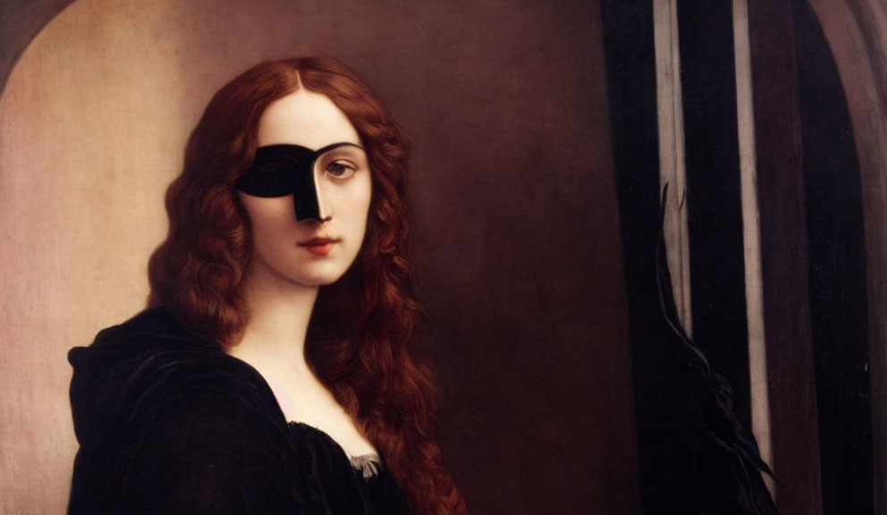 Portrait of woman with long red hair in black eye mask and dress