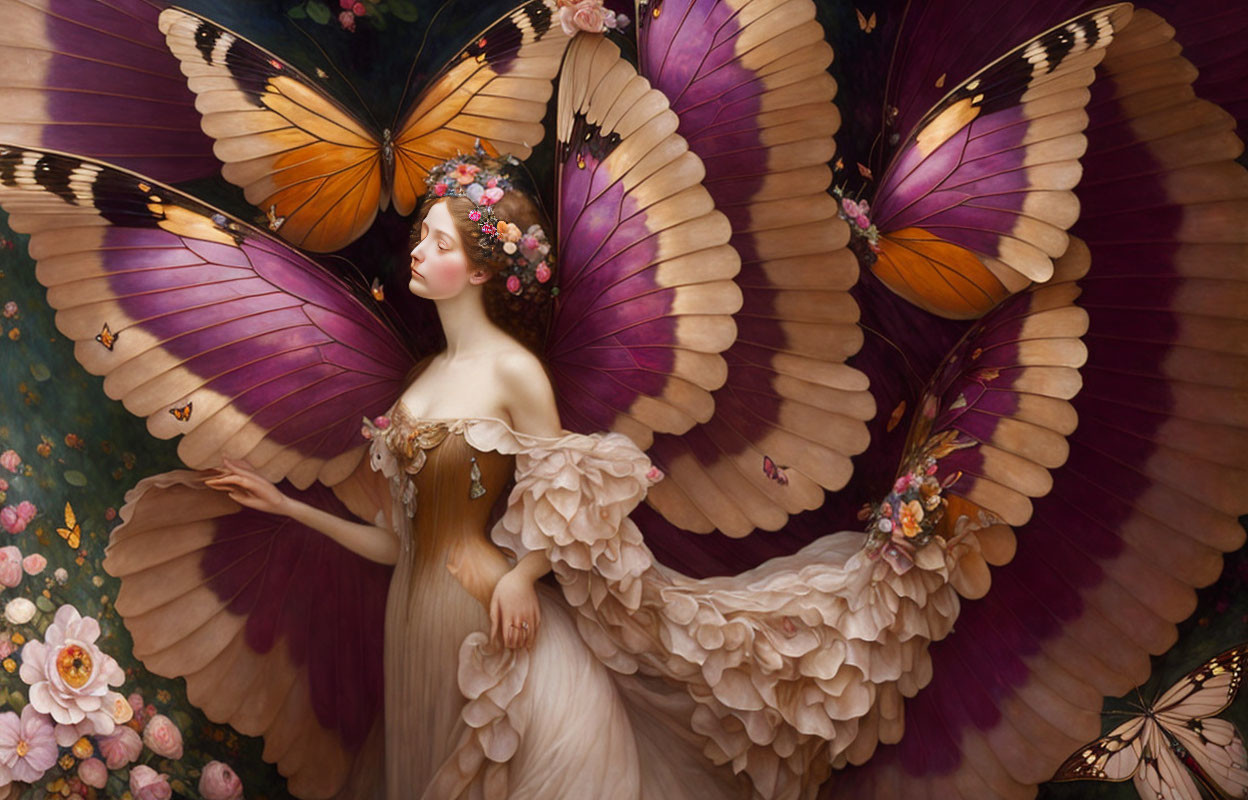 Woman with Vibrant Butterfly Wings Surrounded by Blooming Flowers