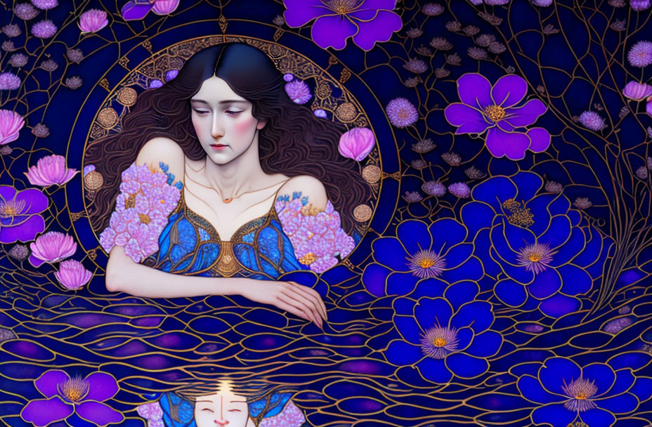 Illustrated Woman with Black Hair in Dreamy Art Nouveau Style