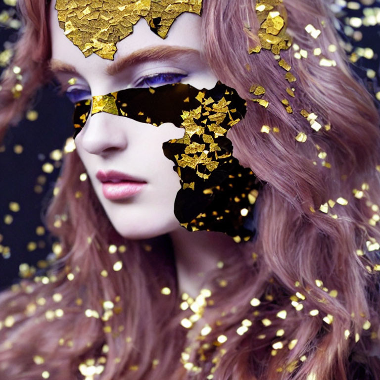 Woman with Wavy Hair and Golden Flakes on Dark Background