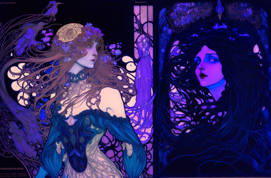 Art Nouveau Style Women Illustrations in Blue and Purple Palette