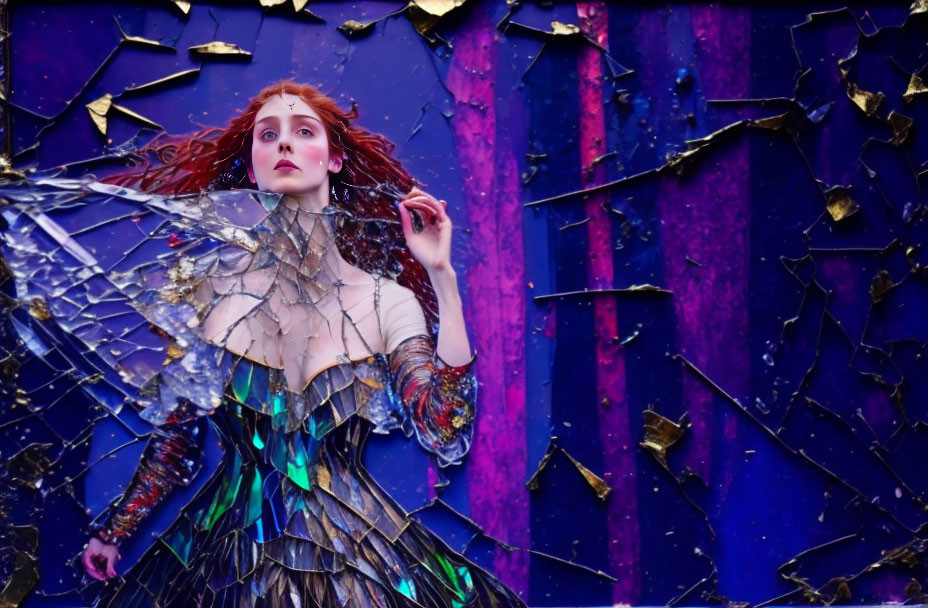 Red-haired woman in glass-like costume surrounded by shattered mirrors in vivid blue and purple hues