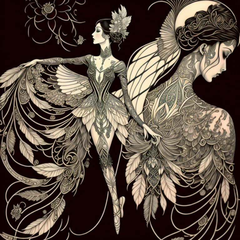 Monochromatic sepia tone illustration of elegant figures with feather and floral patterns