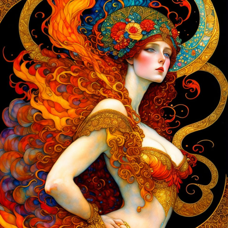 Art Nouveau Woman with Ornate Headgear and Fiery Hair on Black Background