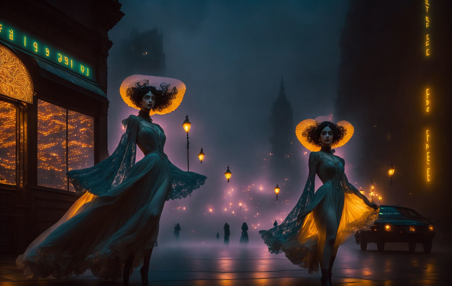 Two women in elegant dresses and ornate headpieces on misty, illuminated street at dusk