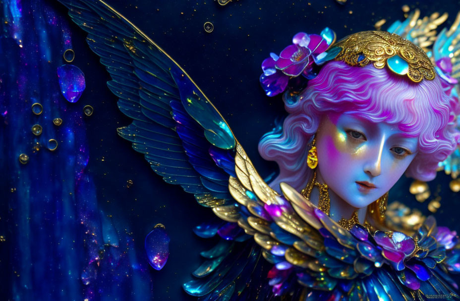 Fantasy figure with purple hair, gold accessories, iridescent blue wings on starry background