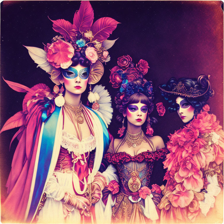 Three women in colorful Venetian carnival attire with masks and feathered headdresses posing against vintage backdrop