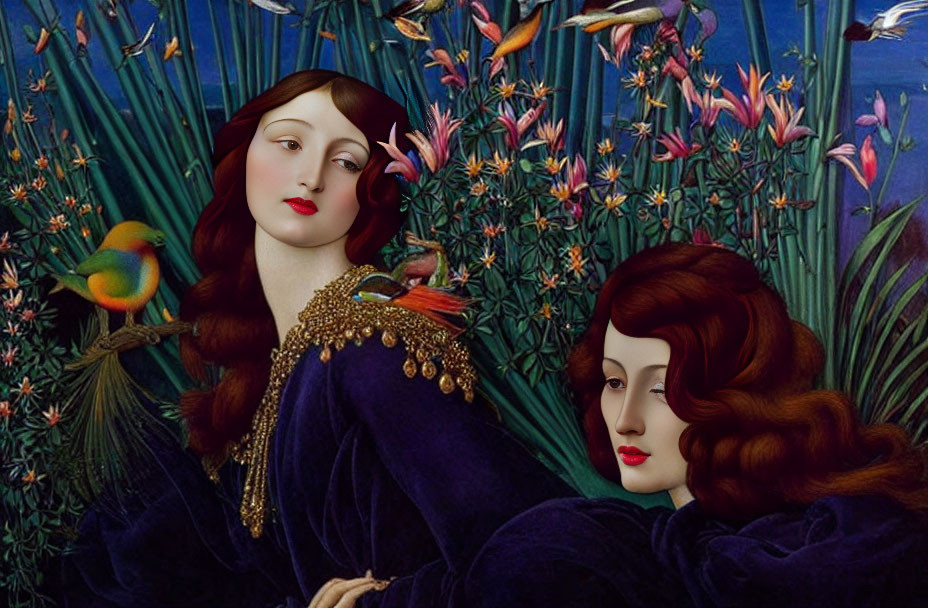 Two women with red hair in blue gowns against floral backdrop.