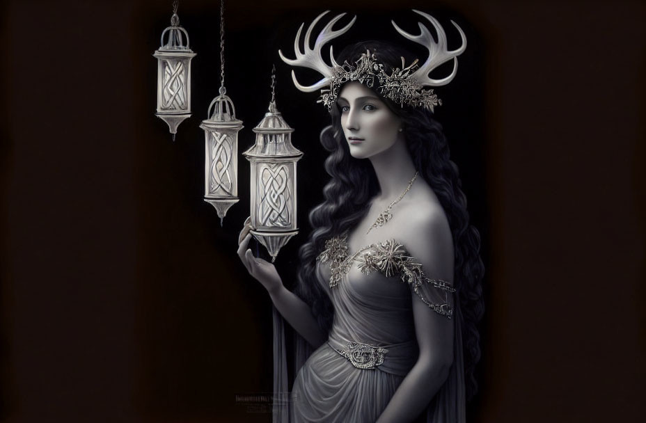 Monochromatic image: Woman with antlers, headdress, lantern