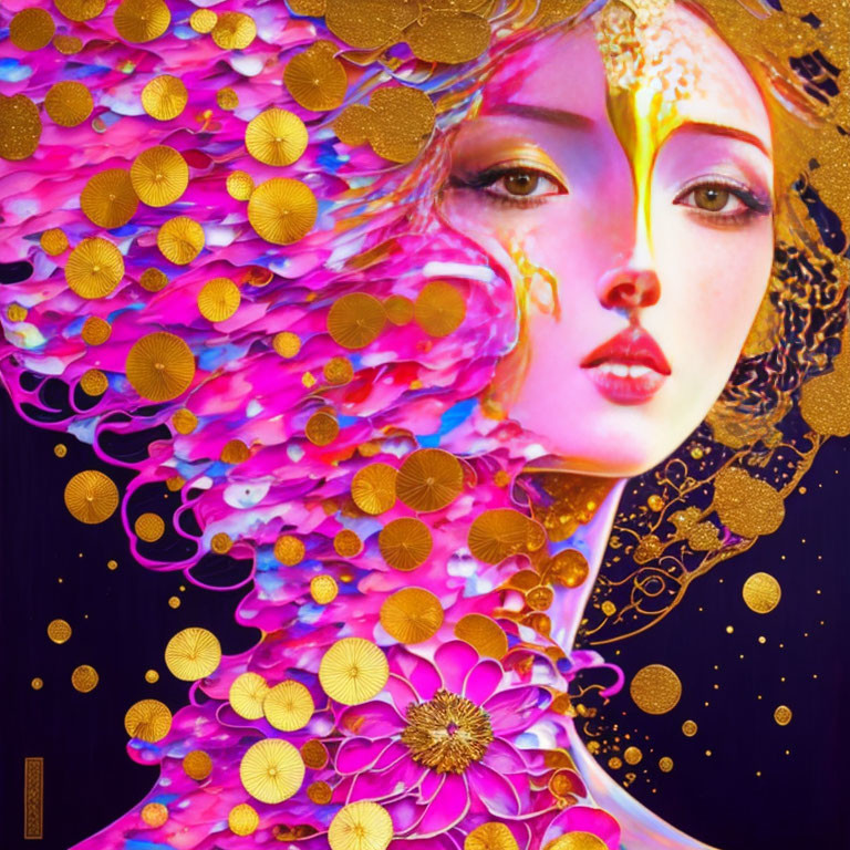 Colorful digital artwork: Woman with flowing hair and gold accents