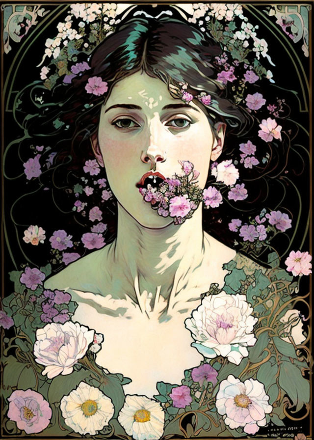 Art Nouveau Woman Illustration with Dark Hair and Floral Motifs