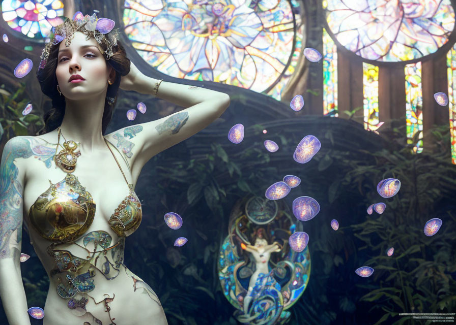 Intricate body art on woman in fantastical setting