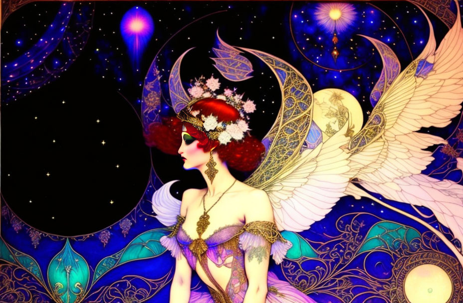 Colorful winged fantasy figure with red hair and floral headpiece in cosmic setting