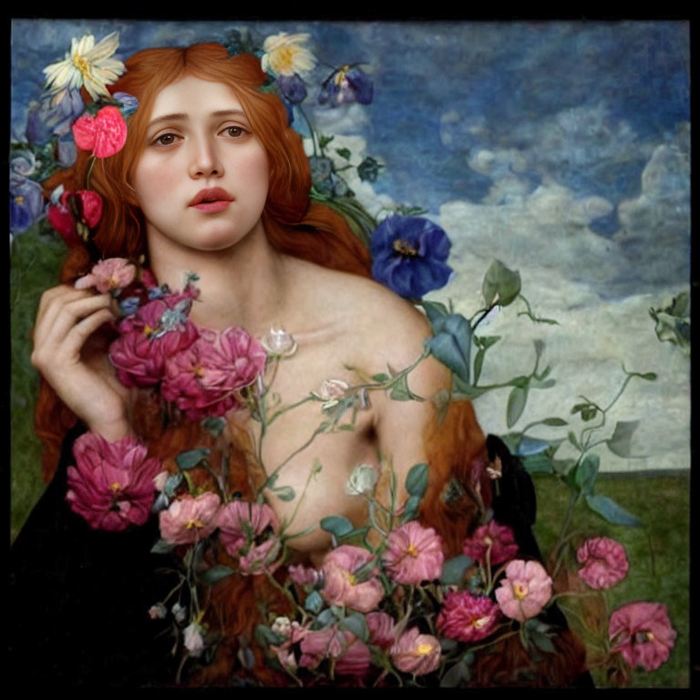 Woman with Floral Hair Integrating into Pastoral Sky