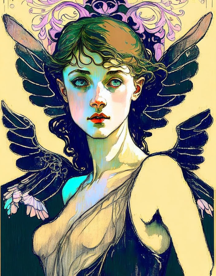 Fantastical figure with wings and green hair in Art Nouveau style portrait