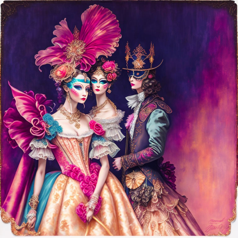 Elaborate Venetian Carnival Costumes and Masks Against Purple Backdrop