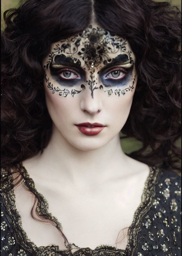 Woman with Black and Gold Eye Mask Makeup and Red Lips in Embellished Garment