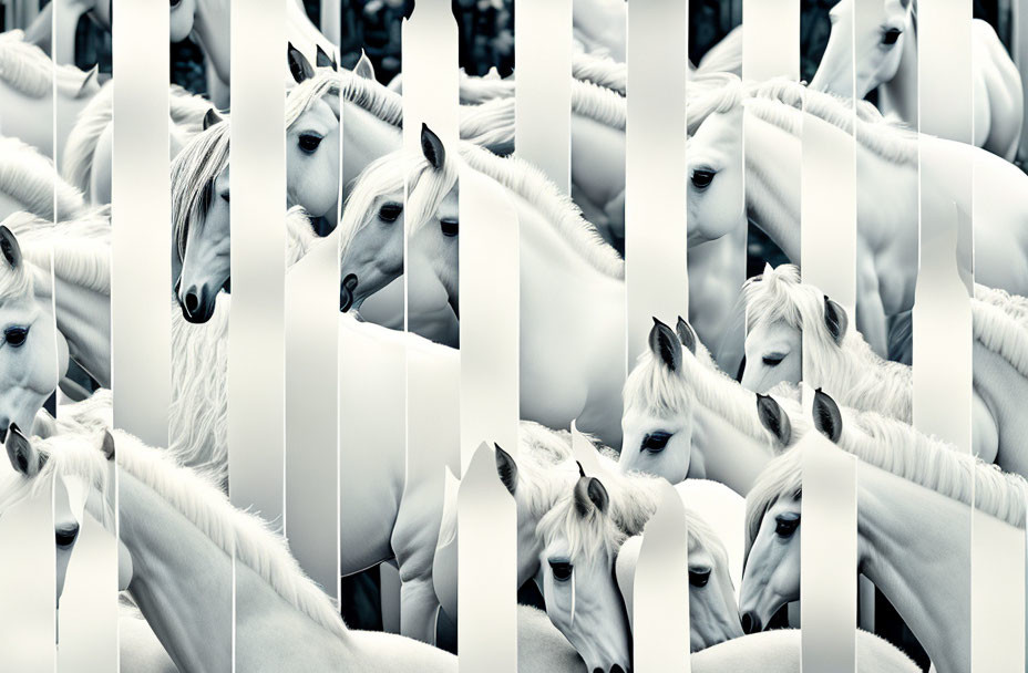 Monochrome photo of white horses' heads through vertical bars