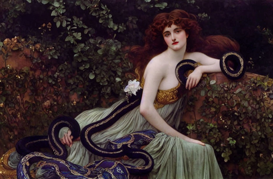 Ethereal woman in green and gold dress with serpent, reclining in verdant setting