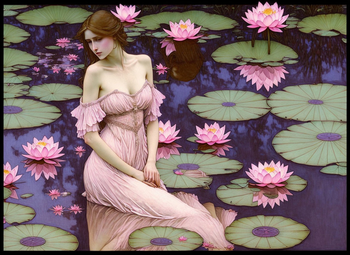 Woman sitting among lotus flowers in tranquil pond