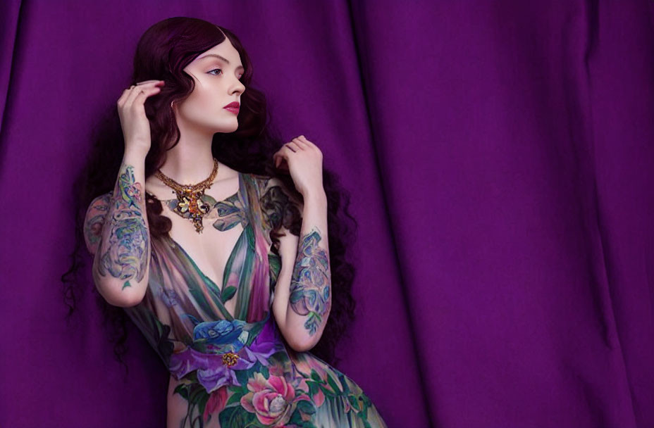 Long-haired woman with sleeve tattoos in floral dress against purple backdrop