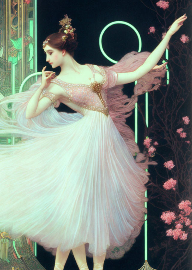 Elegant woman in pink dress with gold accents posing against art nouveau floral backdrop