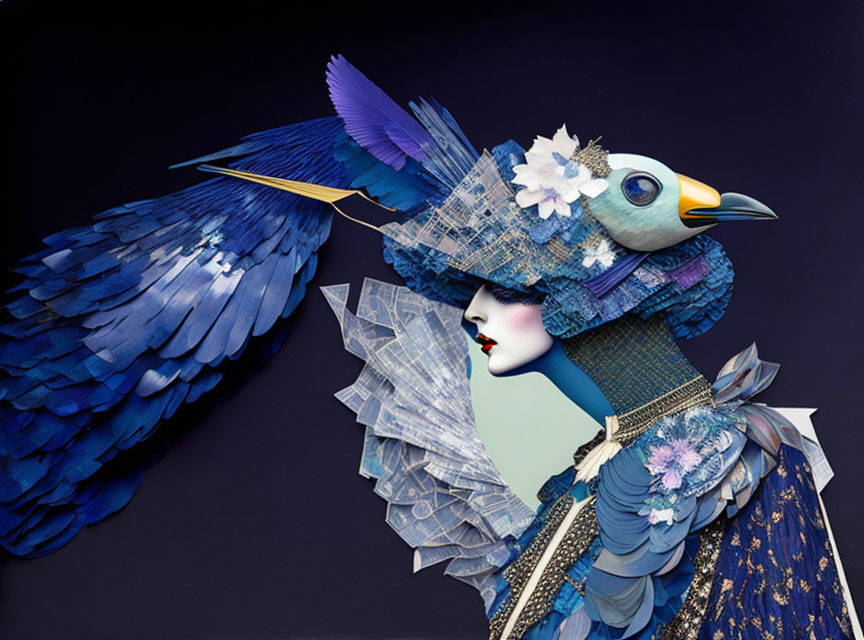 Vibrant blue feathered headdress portrait against dark background