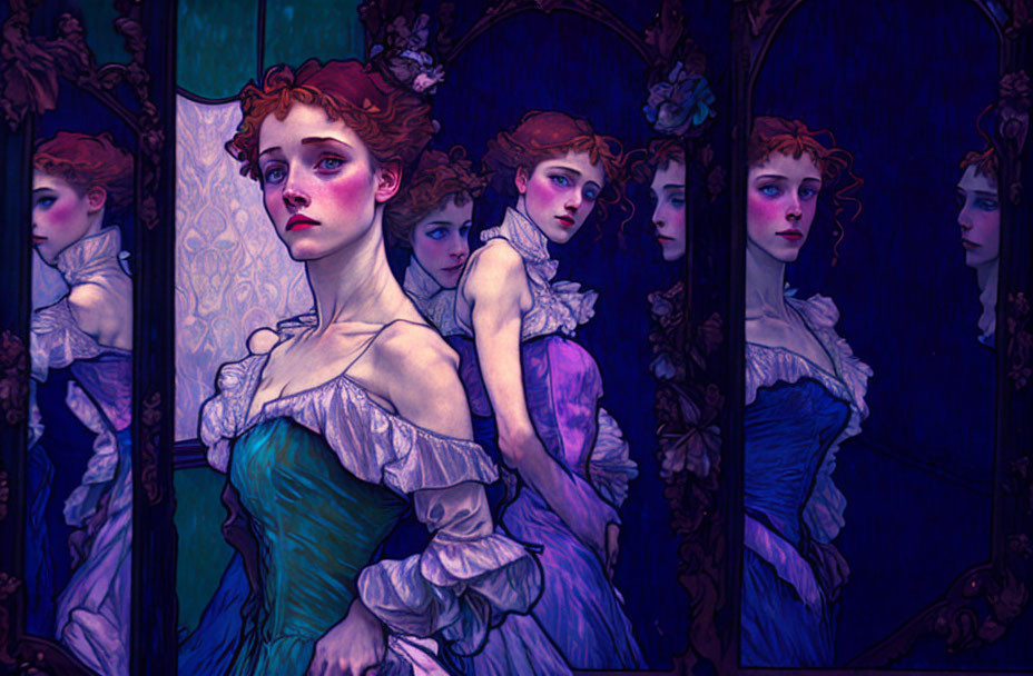 Stylized illustration of red-haired woman in blue and white dress with ornate mirror reflection