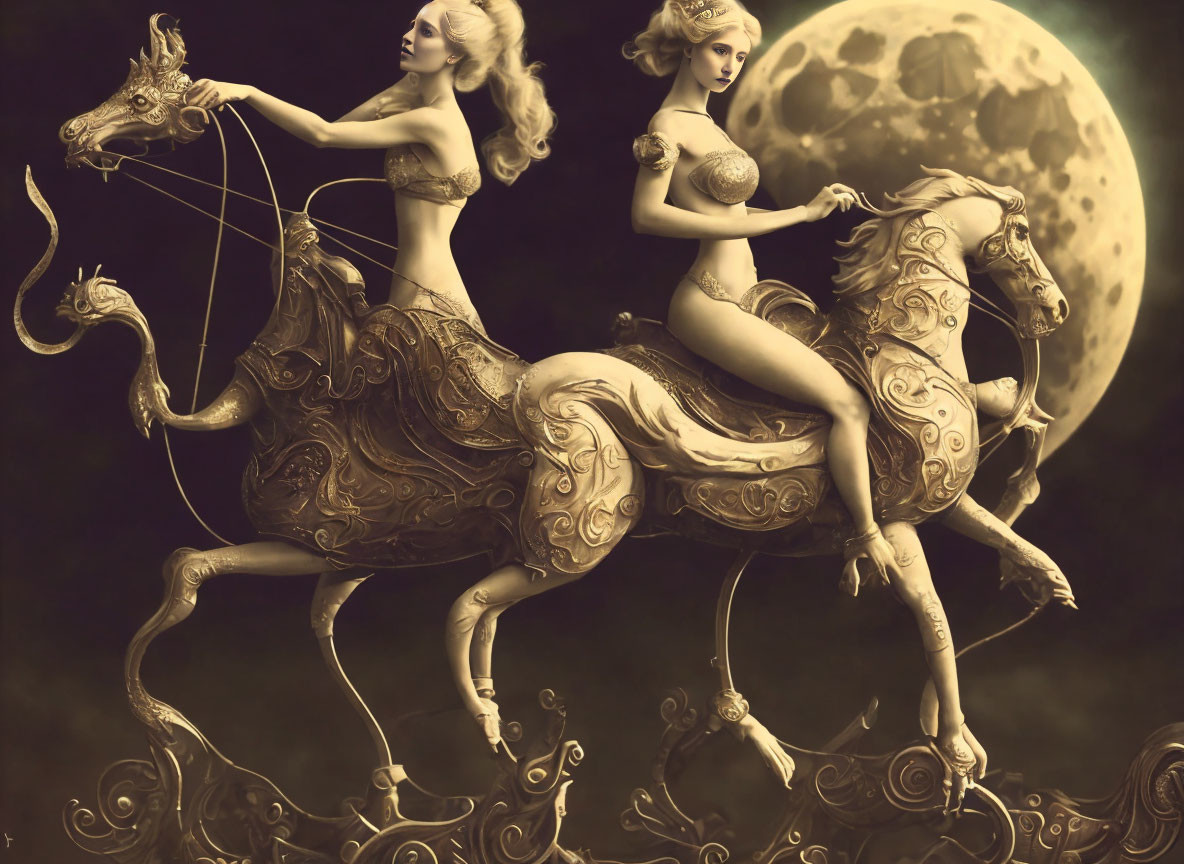 Ethereal women in gold attire on majestic horses under moonlit sky