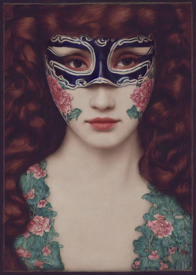 Portrait of Woman with Curly Auburn Hair in Blue and White Mask with Pink Flowers