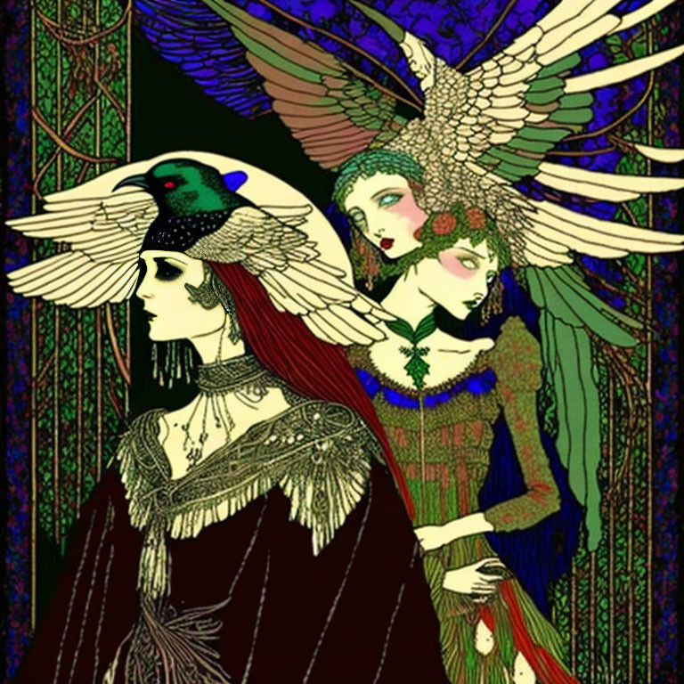 Opulent Art Nouveau-style background with bird-like figures