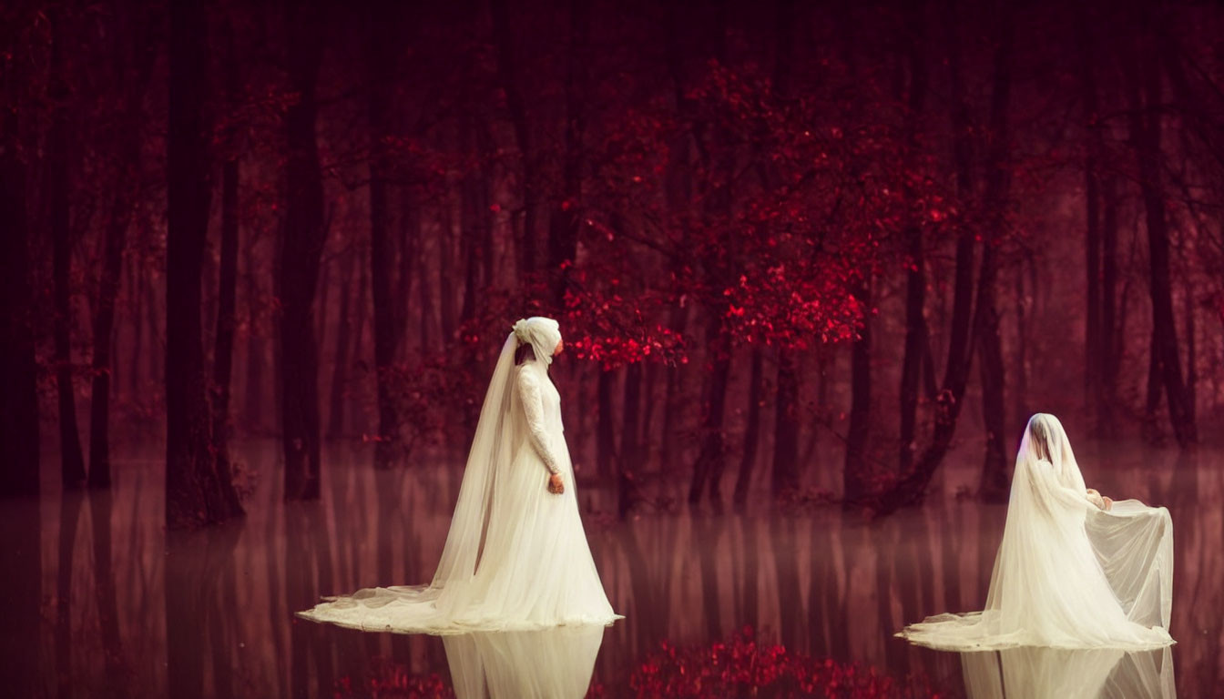 Two figures in white dresses with veils in misty red-leafed forest reflection.