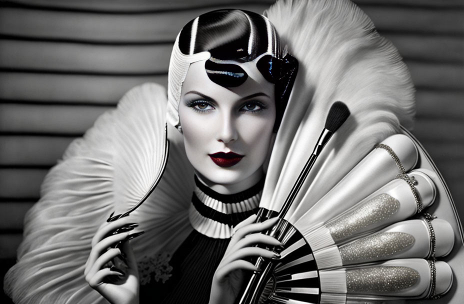 Monochrome image of woman with avant-garde makeup and headpiece holding futuristic cosmetic brushes