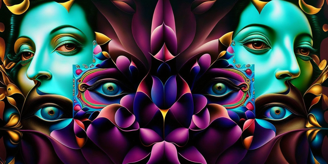 Symmetric faces with intricate patterns and colorful floral elements