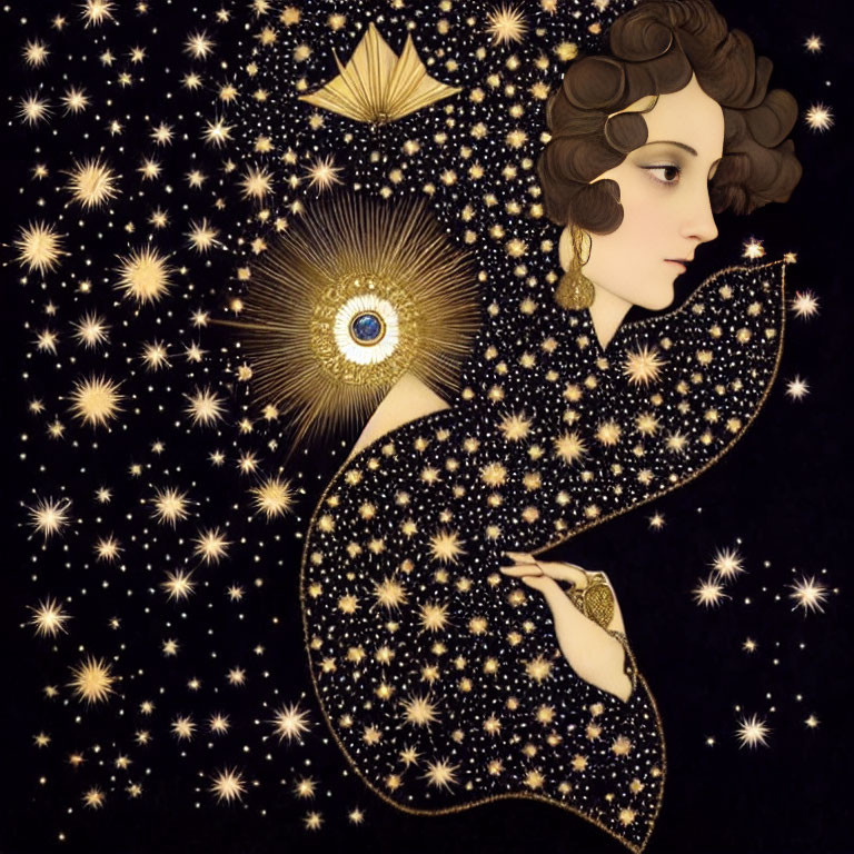 Illustrated woman with starry cloak and golden bird on black background.