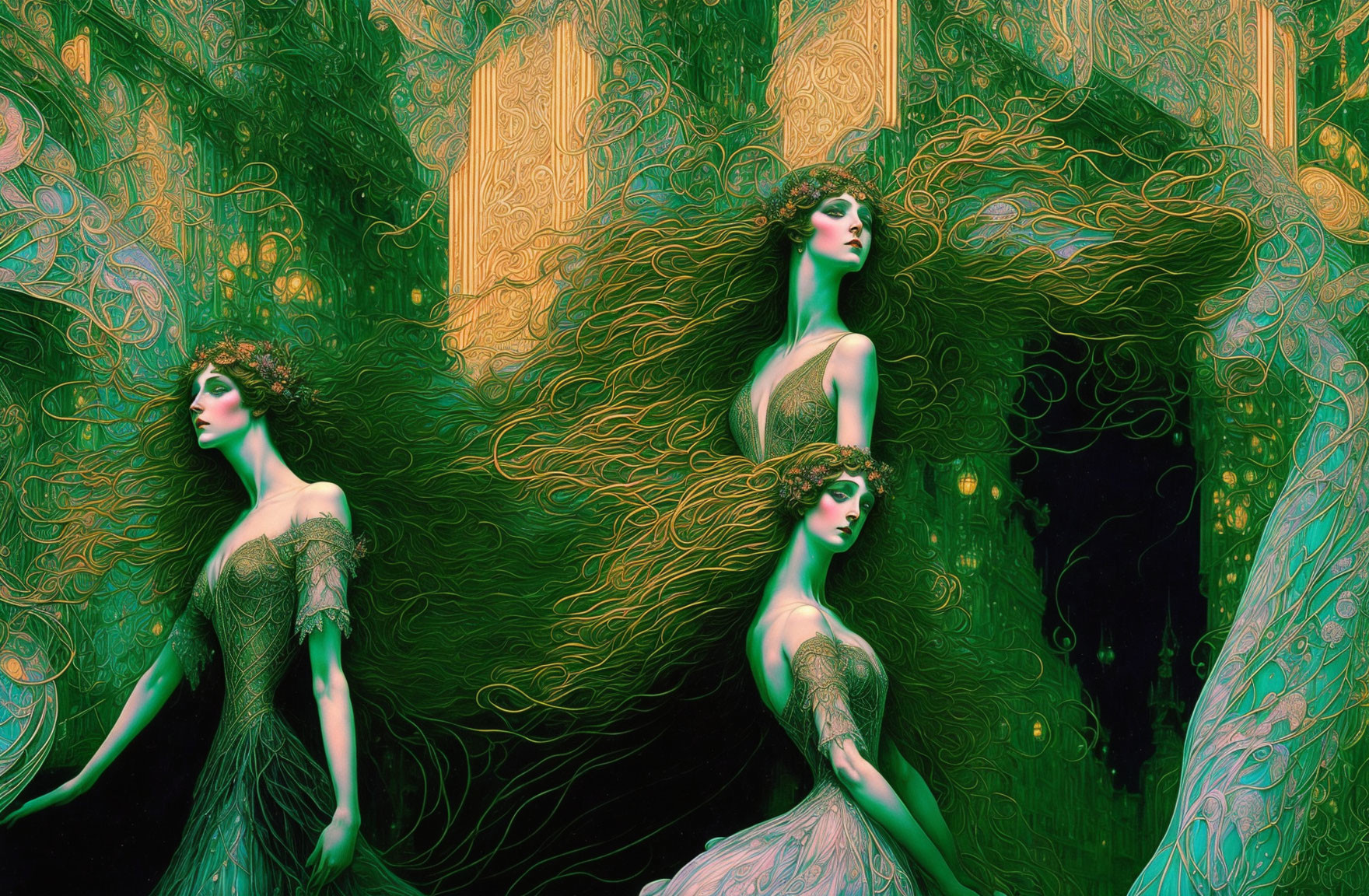 Three women with flowing hair in Art Nouveau style against vibrant background