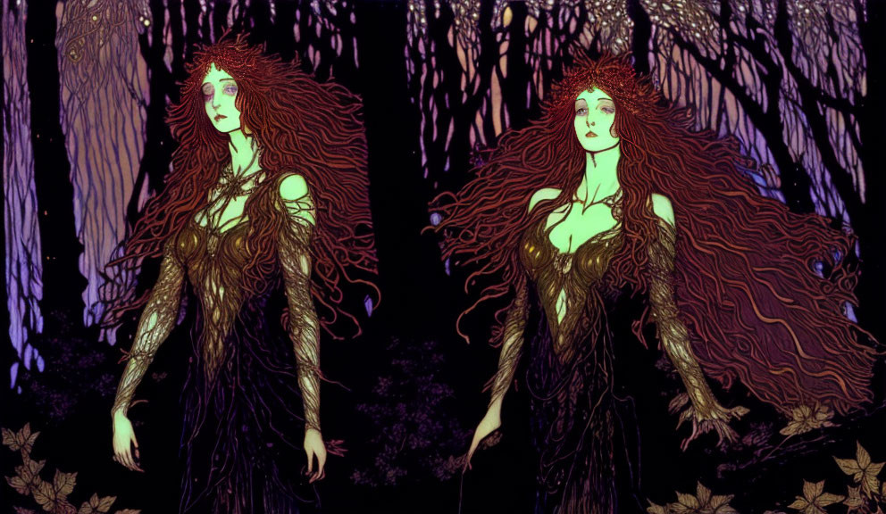 Illustrations of mystical forest woman with flowing hair integrated with branches and leaves in enchanted woodland.